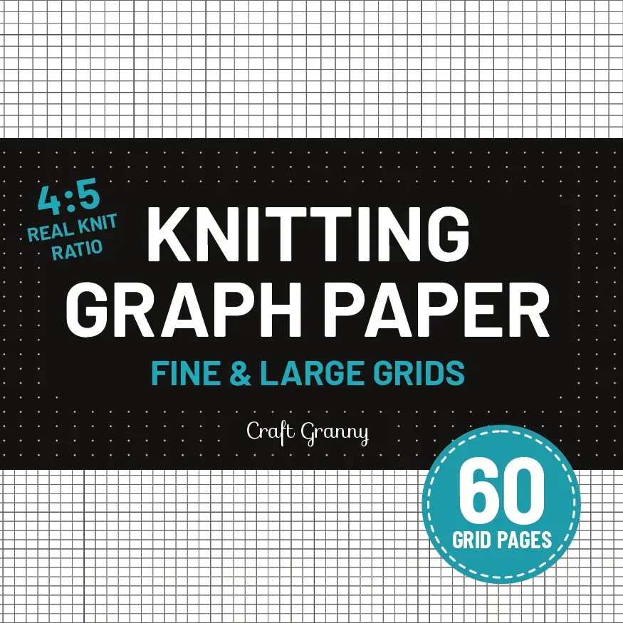 Front cover of Knitting Graph Paper, 60 grid pages: white title on a black band with "4:5 real knit ratio" and "Fine & large grids" in teal, graph paper above and below