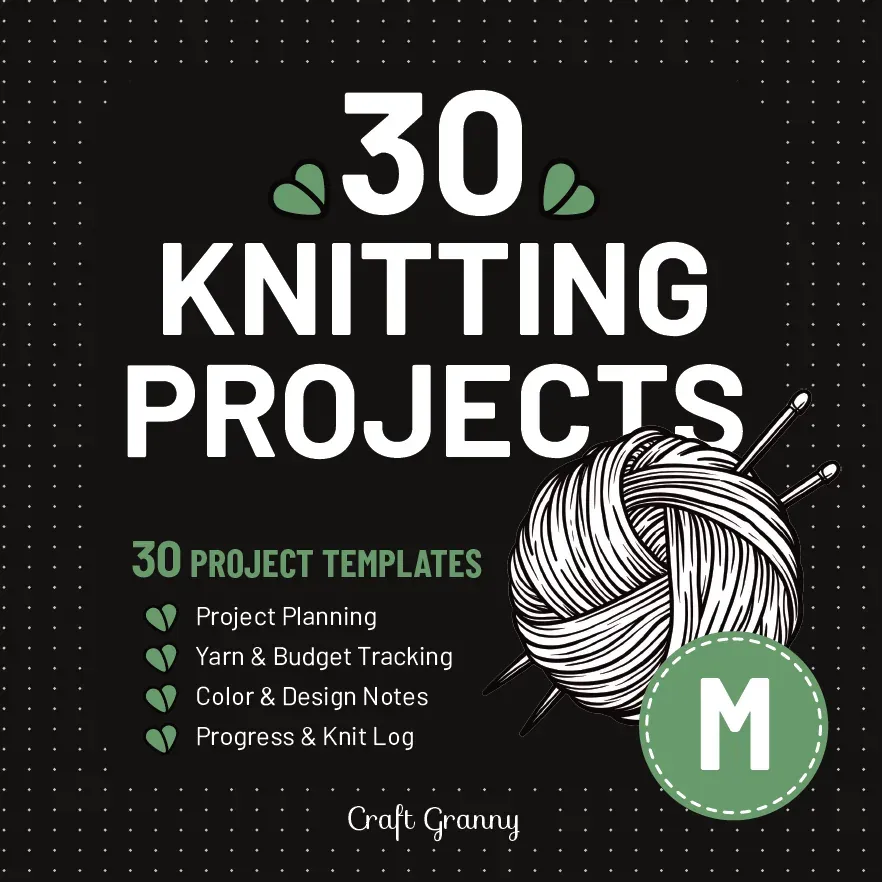 Front cover of Knitting Projects, size M: "30 Knitting Projects" in white on black with a ball of yarn, knitting needles and green leaves
