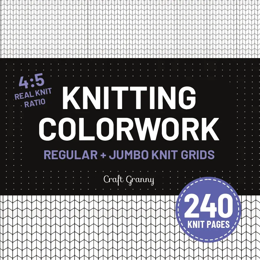 Front cover of Knitting Colorwork, 240 knit pages: white title on a black band with "4:5 real knit ratio" and "Regular + jumbo knit grids" in violet, knit stitch charts above and below