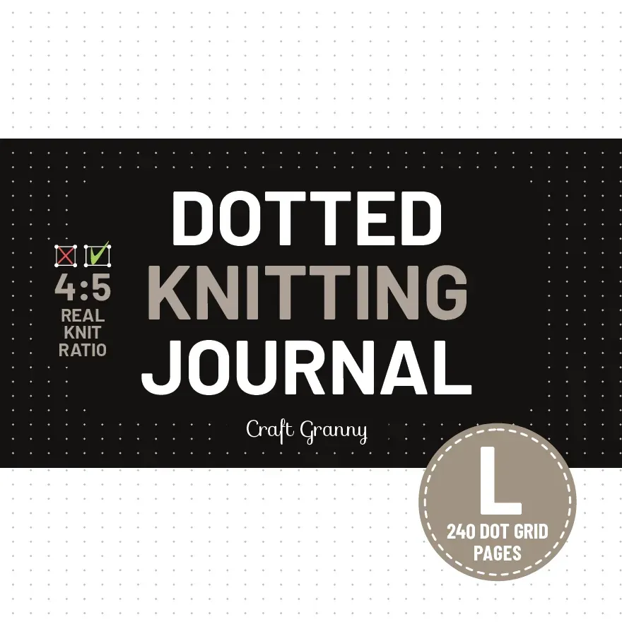 Front cover of Dotted Knitting Journal, size L with 240 dot grid pages: white and taupe title on a black band with "4:5 real knit ratio", dotted paper above and below