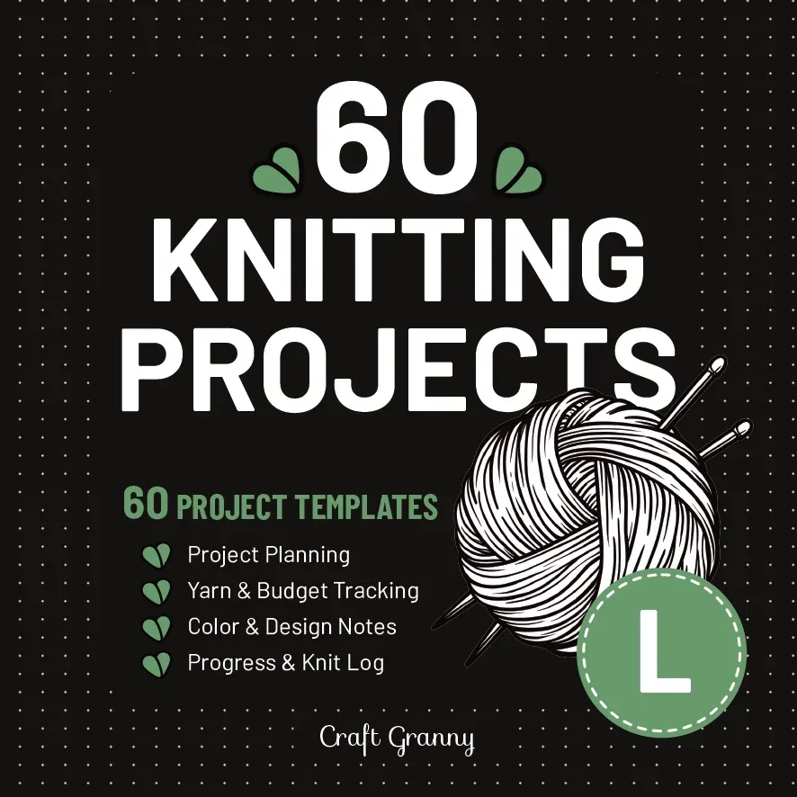 Front cover of Knitting Projects, size L: "60 Knitting Projects" in white on black with a ball of yarn, knitting needles and green leaves