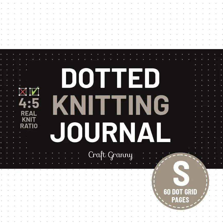 Front cover of Dotted Knitting Journal, size S with 60 dot grid pages: white and taupe title on a black band with "4:5 real knit ratio", dotted paper above and below