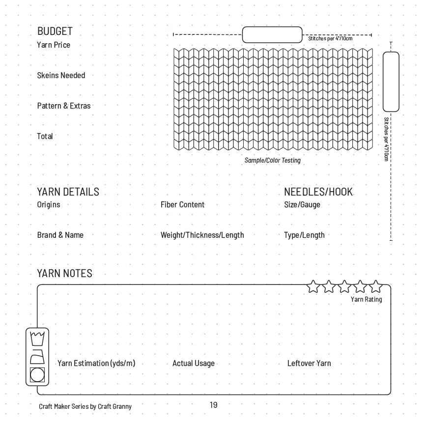 Project template page: budget, sample and color testing grid, yarn details, needles or hook, and yarn notes
