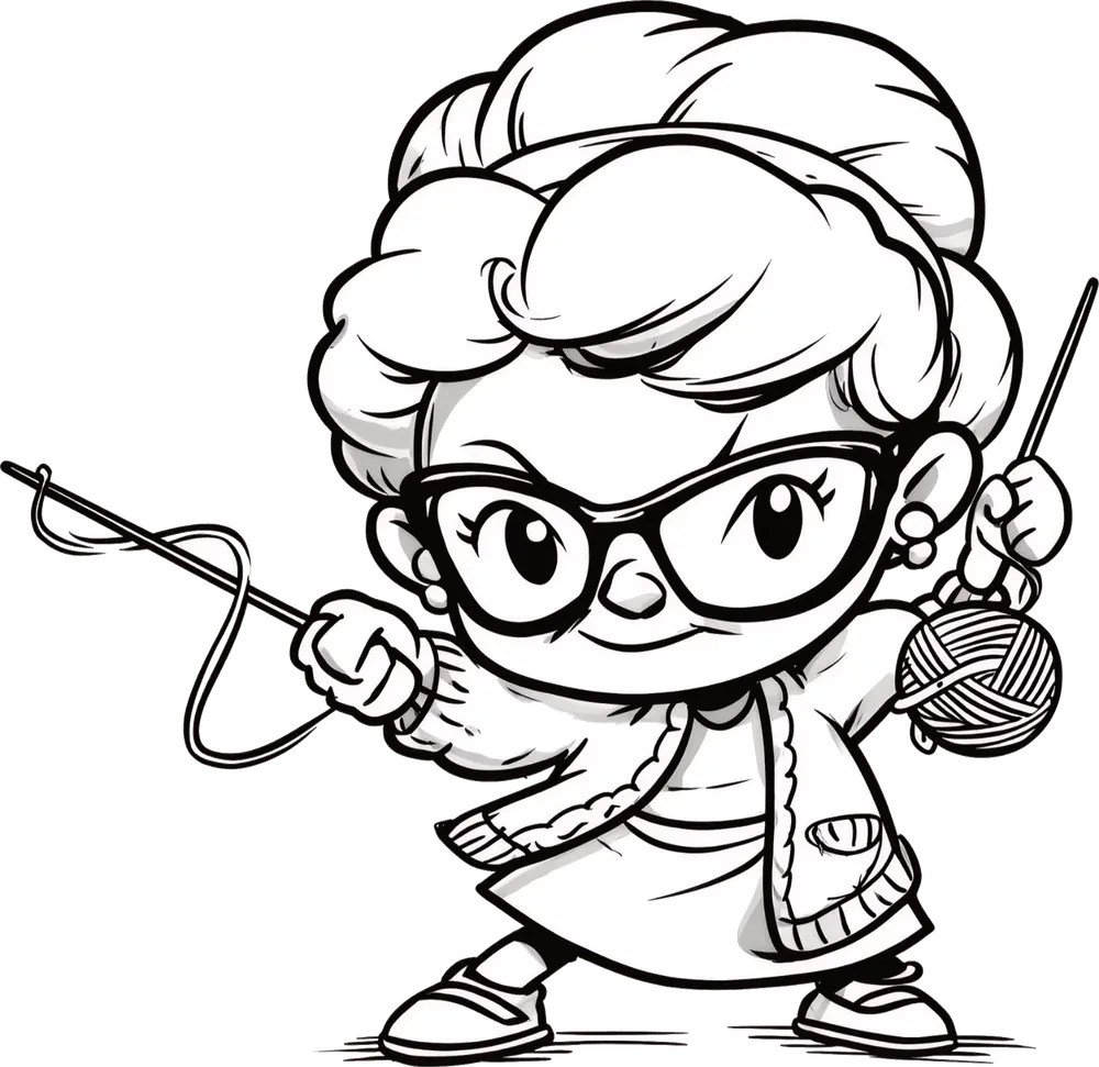 Craft Granny: a cheerful cartoon granny with big glasses and curly hair, holding a ball of yarn and knitting needles