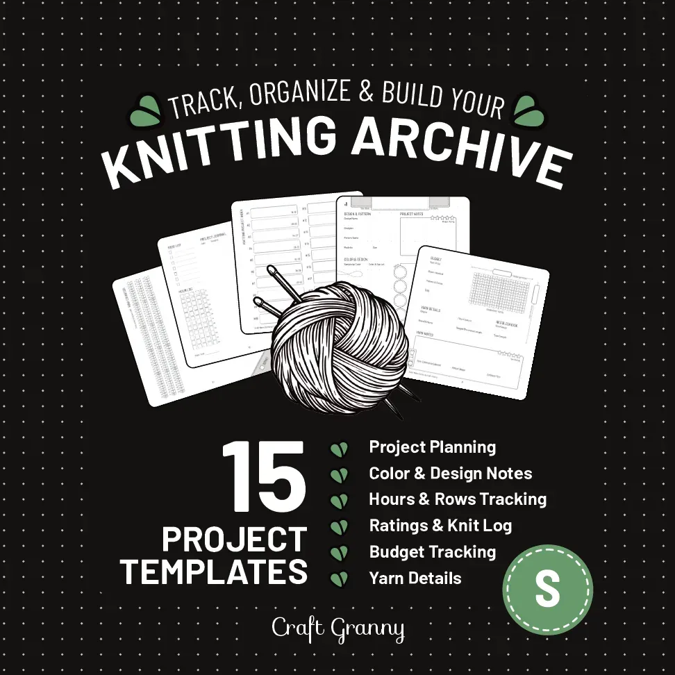 Back cover of Knitting Projects, size S: "Track, organize & build your knitting archive" with template pages, a ball of yarn and the list of what each template tracks