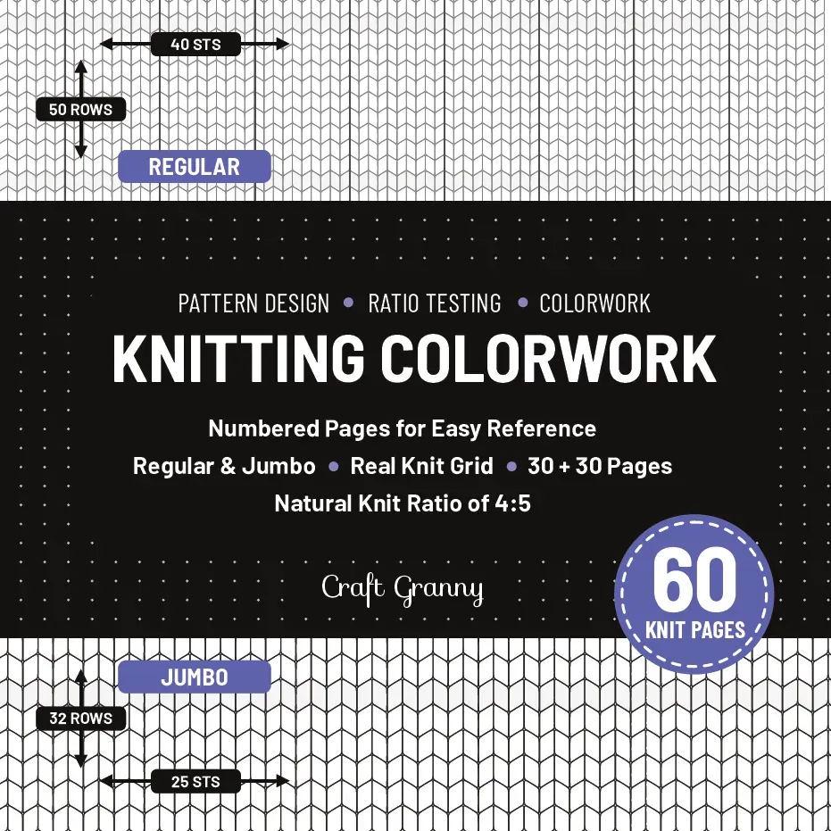 Back cover of Knitting Colorwork, 60 page edition, showing the regular chart (40 stitches × 50 rows) and jumbo chart (25 stitches × 32 rows) with "30 + 30 pages"