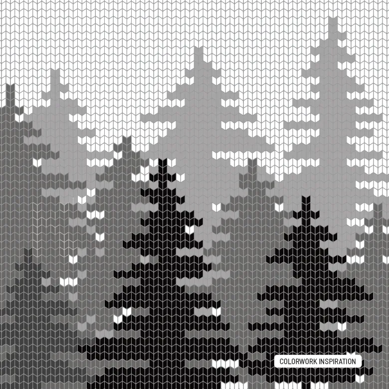 Colorwork inspiration page: a knitted forest of fir trees in shades of grey