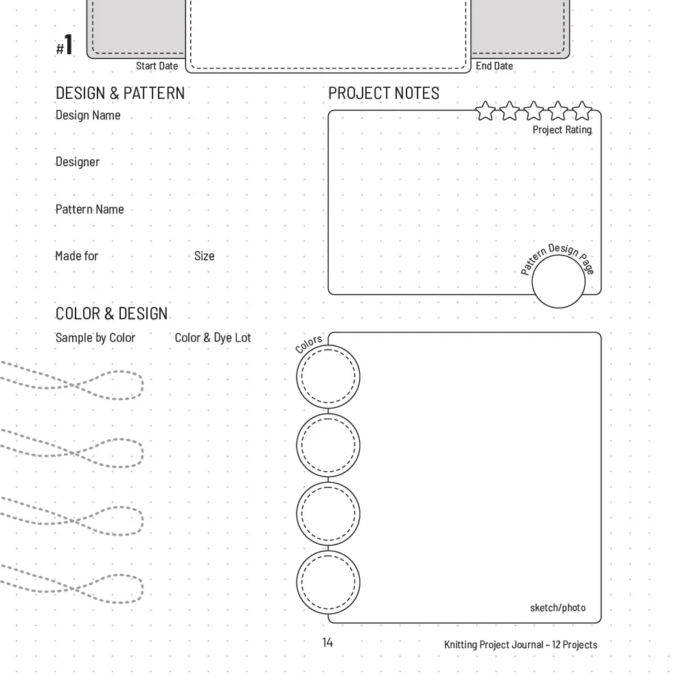 Project template page: design and pattern, project notes with star rating and pattern design page link, and color and design with yarn samples