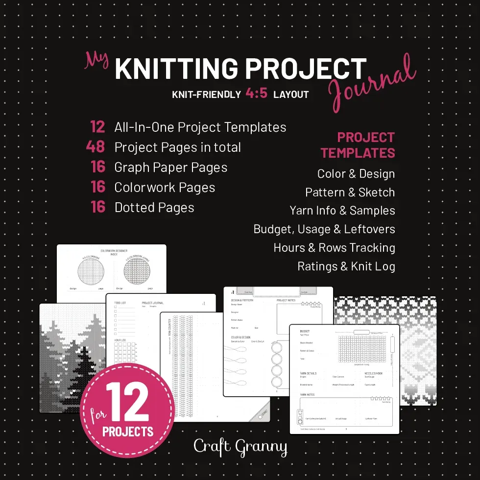 Back cover of the Knitting Project Journal for 12 projects: 12 all-in-one project templates, 48 project pages, 16 graph paper, 16 colorwork and 16 dotted pages, the list of what each template tracks, and a fan of sample pages