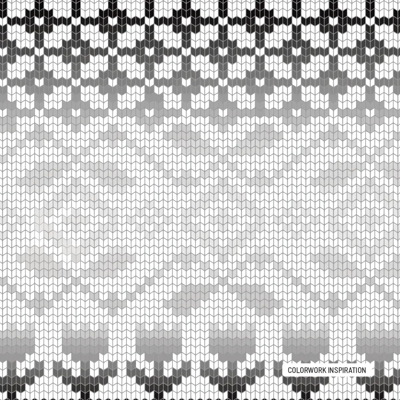 Colorwork inspiration page: a Fair Isle style pattern with stars and tulips in shades of grey