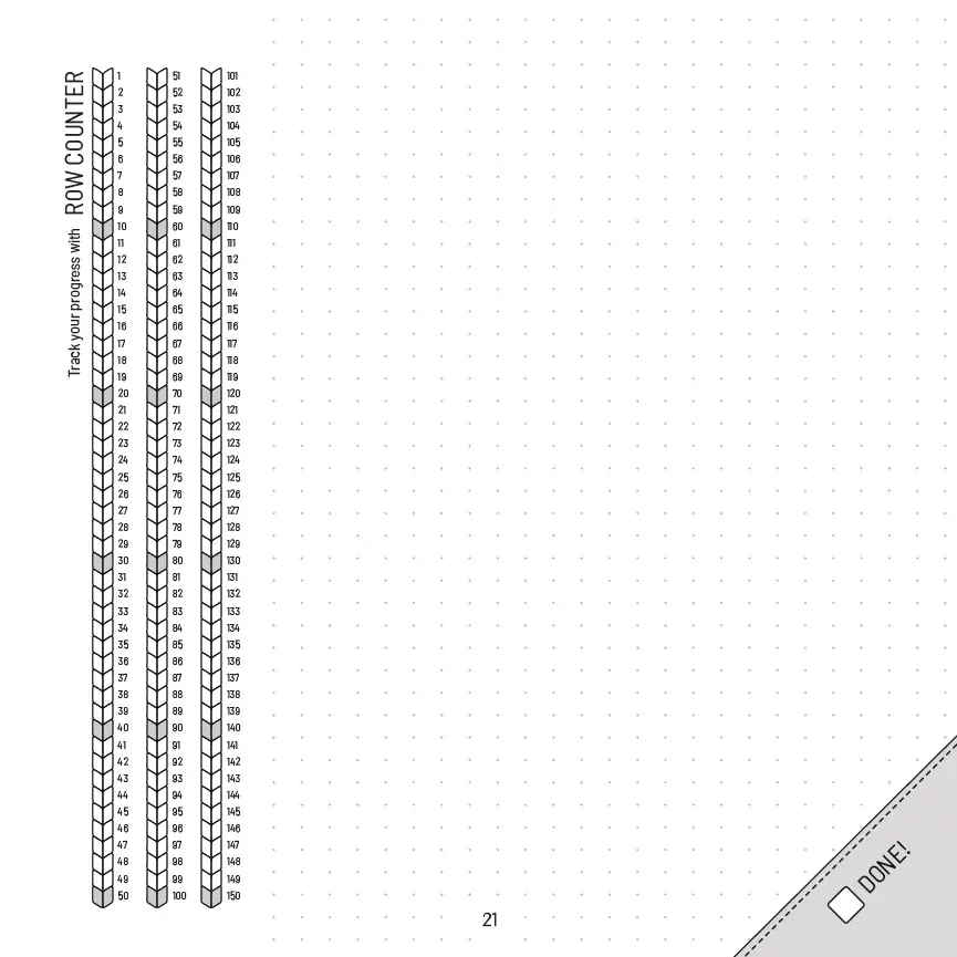 Project template page: row counter from 1 to 150 and the "Done!" corner